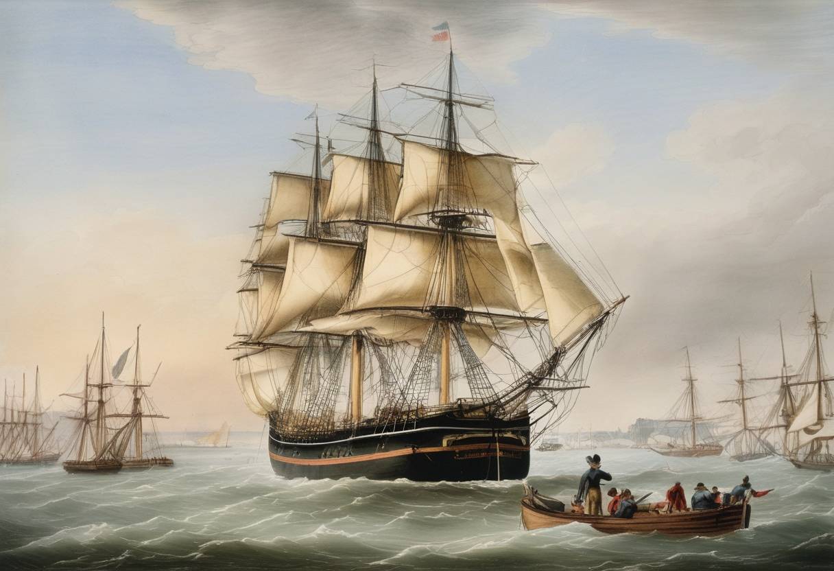 Watercolor painting based depiction of The barque Candace was launched from the builders Joseph W. Barker at Charlestown. (1850)