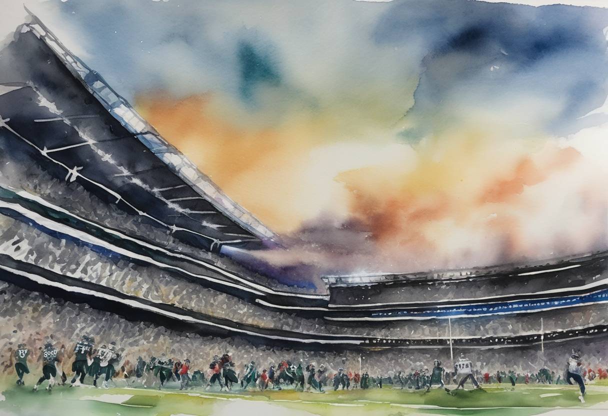 Watercolor painting based depiction of The Philadelphia Eagles won their first Super Bowl, defeating the New England Patriots 41-33 in Super Bowl LII, breaking the drought for a franchise championship since its founding. (2018)