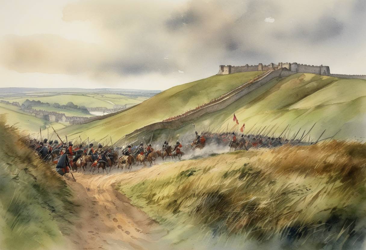 Watercolor painting based depiction of The Battle of Halidon Hill took place, marking a significant encounter during the Second War of Scottish Independence. The English forces, led by King Edward III, decisively defeated the Scots under Sir Archibald Douglas. (1333)