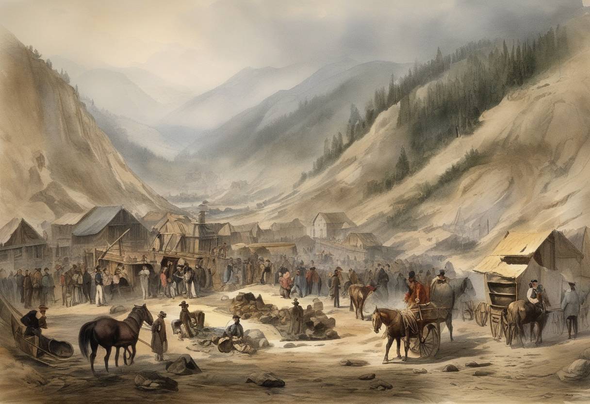 Watercolor painting based depiction of The New York Herald proclaimed the start of the California Gold Rush, reporting large amounts of gold being discovered in California, spurring mass migration to the west. (1849)