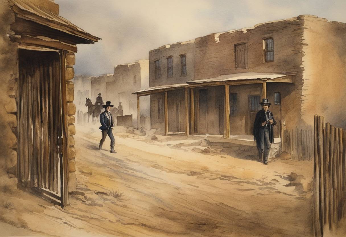 Watercolor painting based depiction of Billy the Kid escapes from the Lincoln County Jail in Lincoln, New Mexico. (1881)