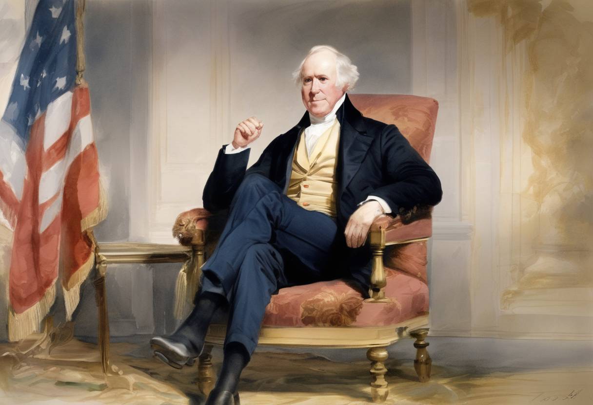 Watercolor painting based depiction of Richard Johnson became the Vice President of the United States under President Martin Van Buren, notable as the only Vice President elected by the United States Senate through the process laid out by the Twelfth Amendment to the U.S. Constitution, due to no candidate achieving a majority of electoral votes. (1837)
