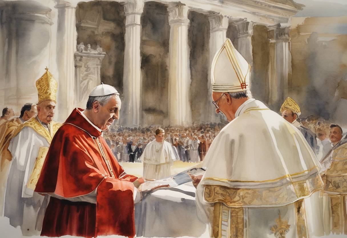 Watercolor painting based depiction of Pope Adeodatus II was consecrated as the head of the Catholic Church, beginning his papacy. Adeodatus II's tenure is noted for its peace during troubled times and rebuilding efforts. (676)
