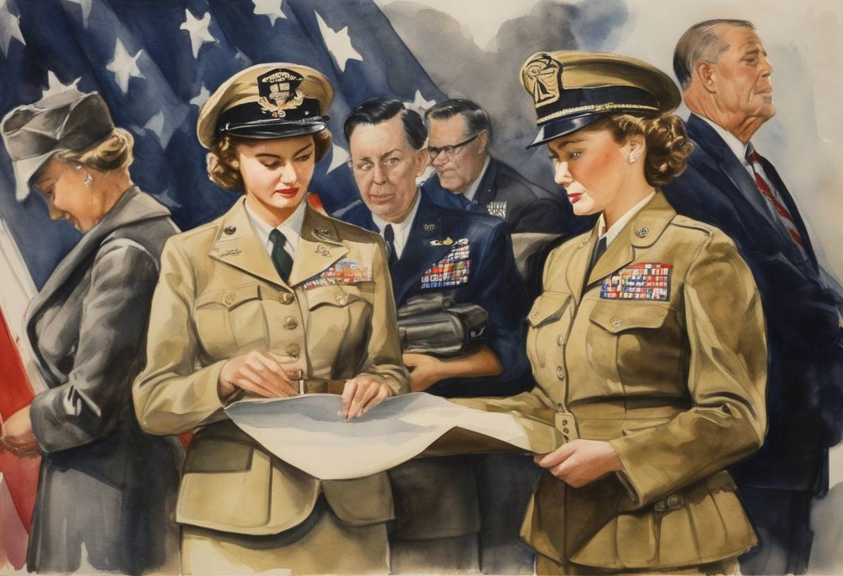 Watercolor painting based depiction of The Women’s Armed Services Integration Act became law, allowing women to serve as permanent, regular members of the United States armed forces. (1948)