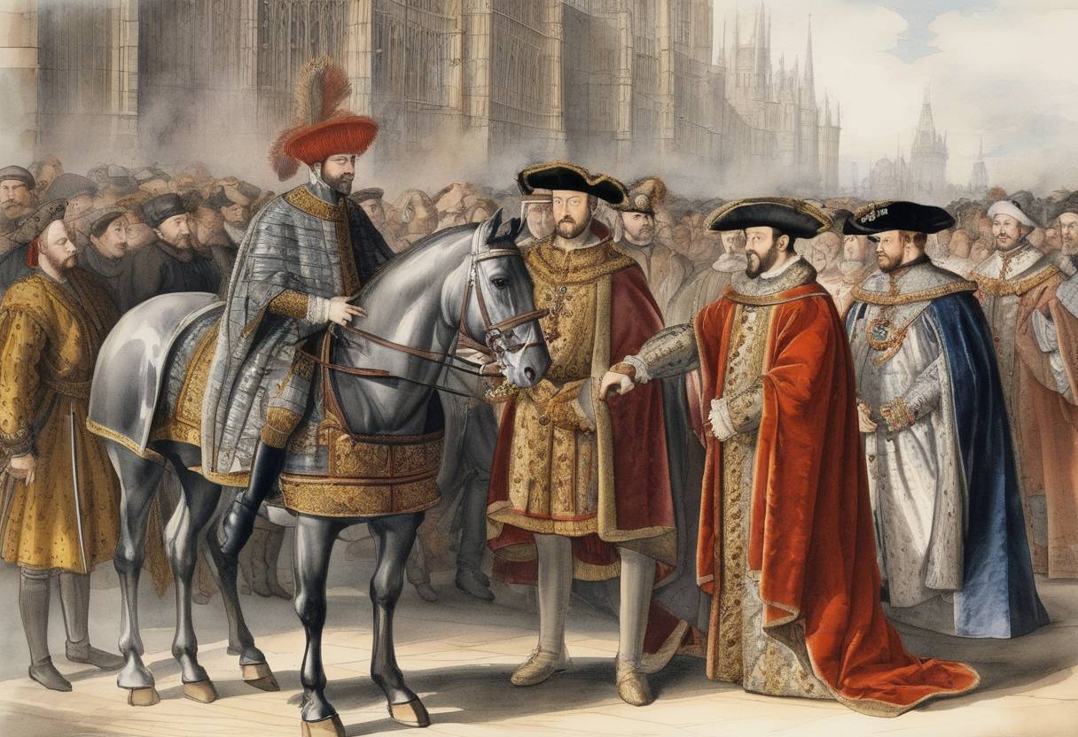Watercolor painting based depiction of Emperor Charles V visits England accompanied by Henry VIII. (1522)