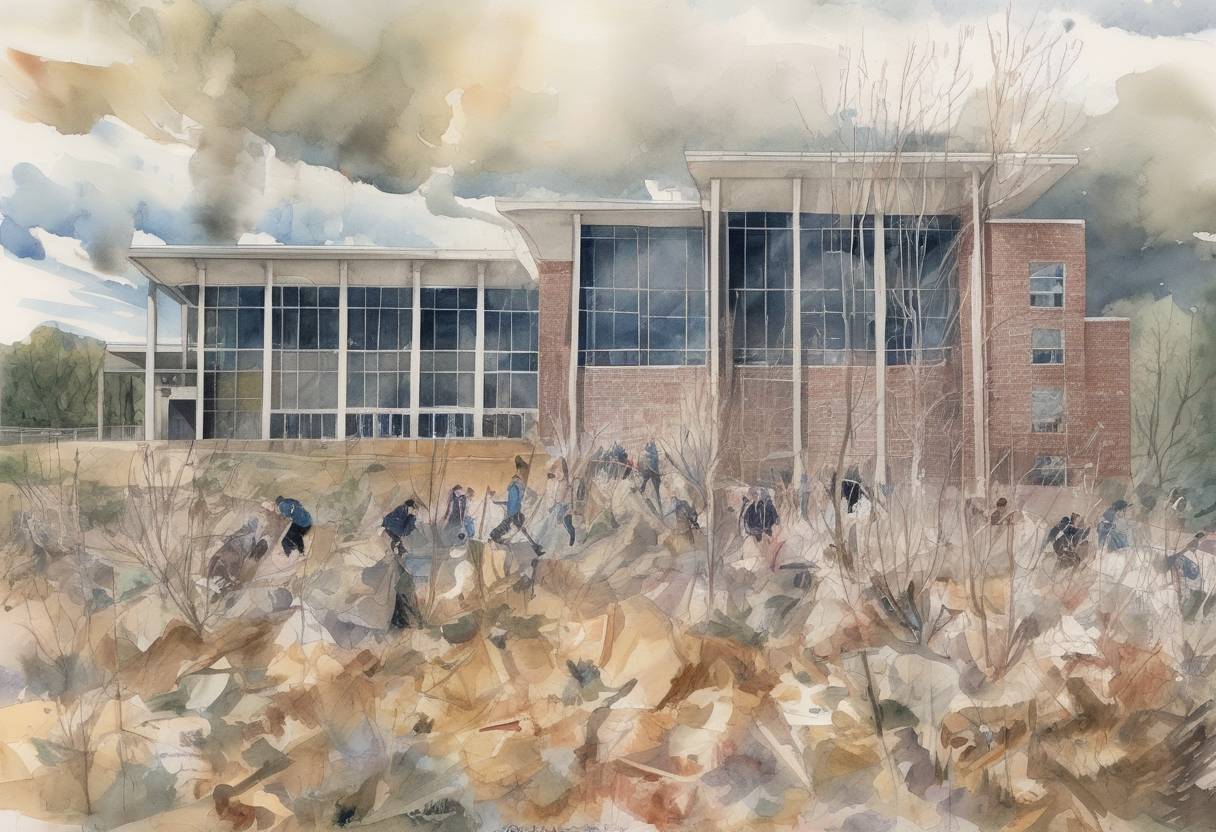 Watercolor painting based depiction of The Columbine High School massacre occurs in Littleton, Colorado, where two students open fire, killing 13 people and wounding more than 20 others before committing suicide. (1999)