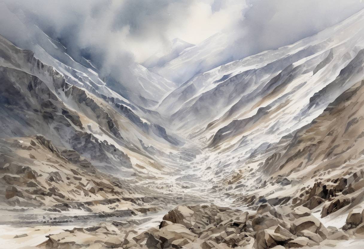 Watercolor painting based depiction of A freak storm in the Hindu Kush mountains triggered a series of avalanches that buried over 200 people in the Salang Pass, Afghanistan, resulting in at least 172 deaths. (2010)