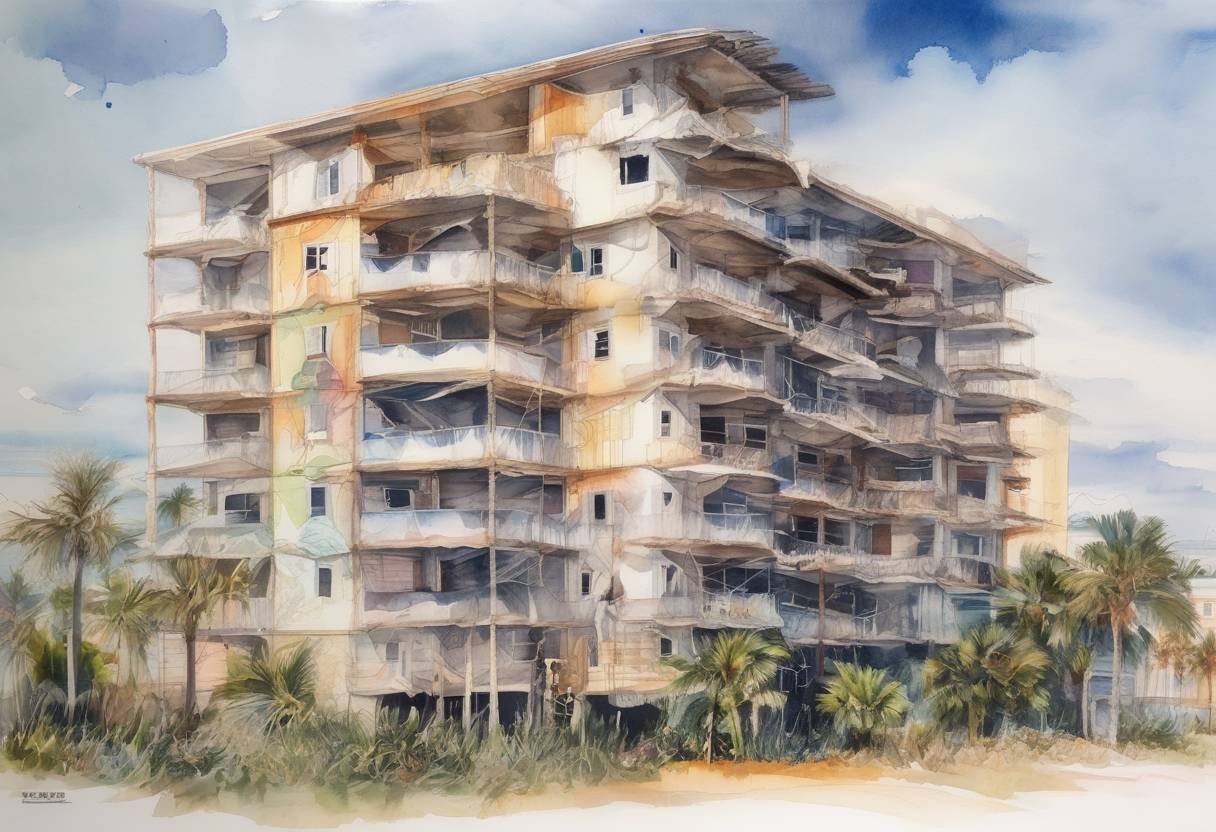Watercolor painting based depiction of A condominium in Surfside, Florida, partially collapsed, leading to a significant loss of life and a large-scale rescue operation. (2021)