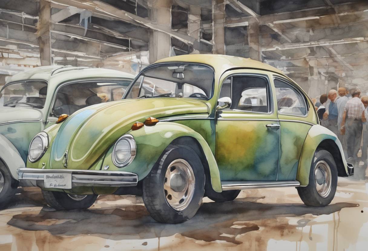 Watercolor painting based depiction of The last Volkswagen Beetle rolled off the assembly line in Puebla, Mexico, marking the end of production for the iconic car model. (2019)