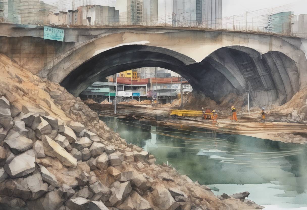 Watercolor painting based depiction of The collapse of a bridge under construction in Bogotá, Colombia, resulted in the deaths of at least 10 workers. The Chirajara Bridge was part of a highway project intended to improve connectivity between Bogotá and the city of Villavicencio. The incident raised concerns about construction safety standards in the country. (2018)