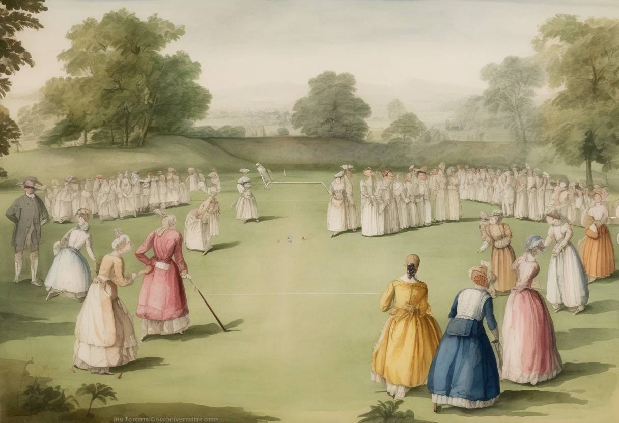 Watercolor painting based depiction of The first recorded women's cricket match took place in England, marking an early instance of organized women's sports. (1745)