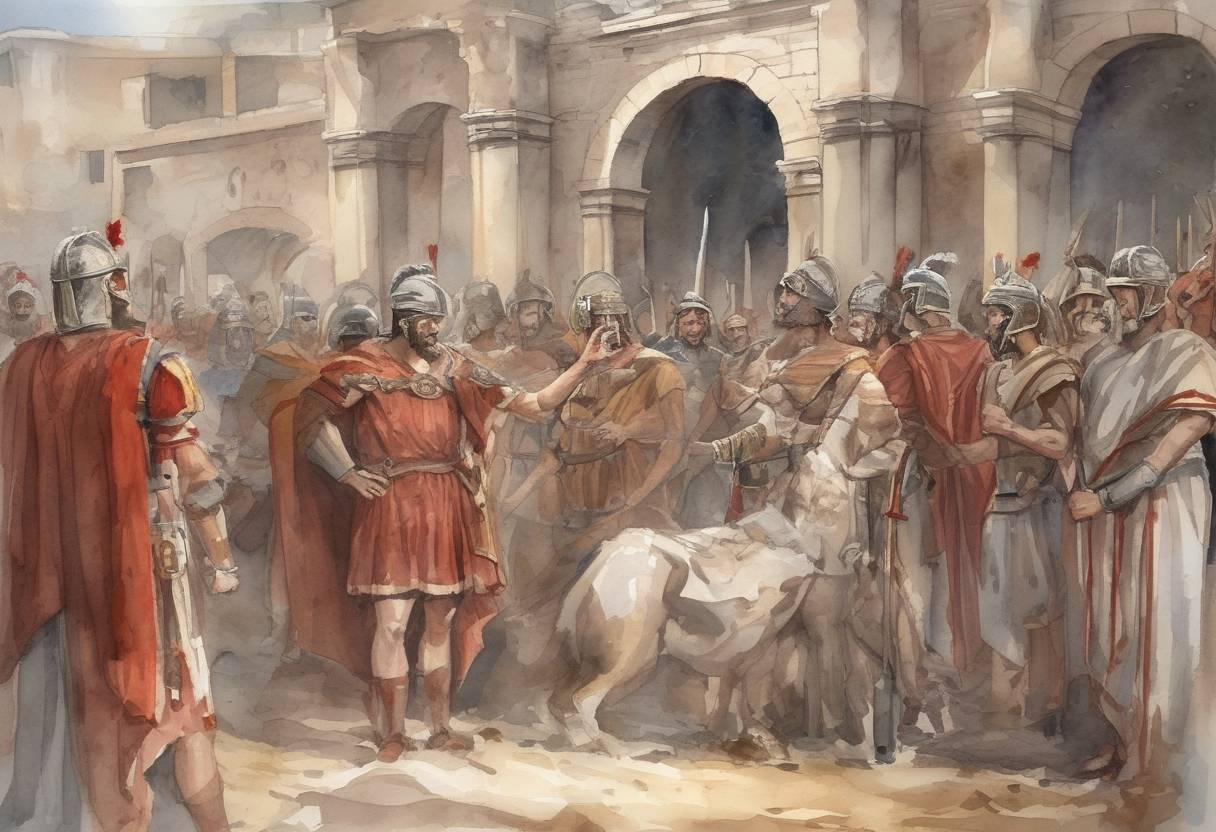 Watercolor painting based depiction of Roman Emperor Septimius Severus died in Eboracum (modern-day York, England). His death marked the end of his reign and the beginning of a power struggle between his sons, Caracalla and Geta. (211)