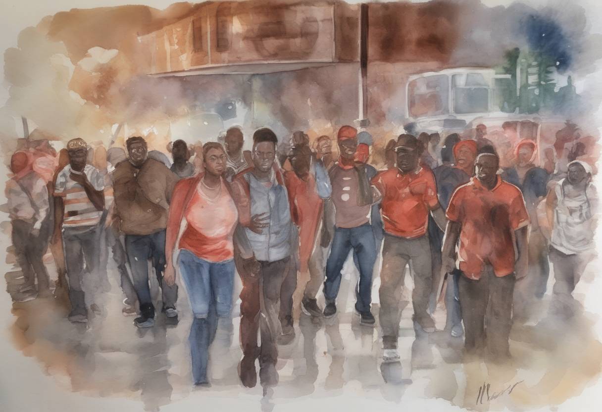 Watercolor painting based depiction of The shooting of Michael Brown, an 18-year-old African American, by a police officer in Ferguson, Missouri, sparked protests and a national debate on race and policing in the United States. (2014)
