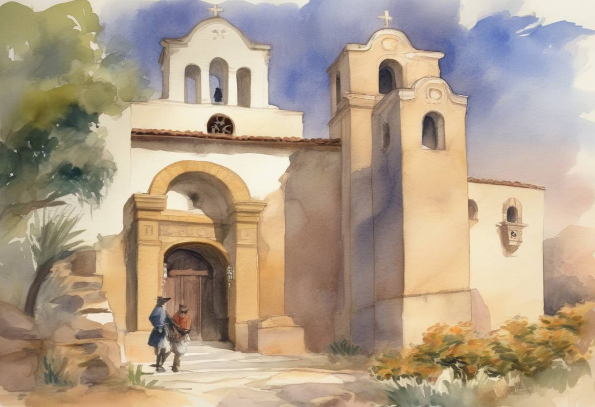 Watercolor painting based depiction of Father Junípero Serra founds Mission San Diego de Alcalá, the first of the 21 California missions. (1769)