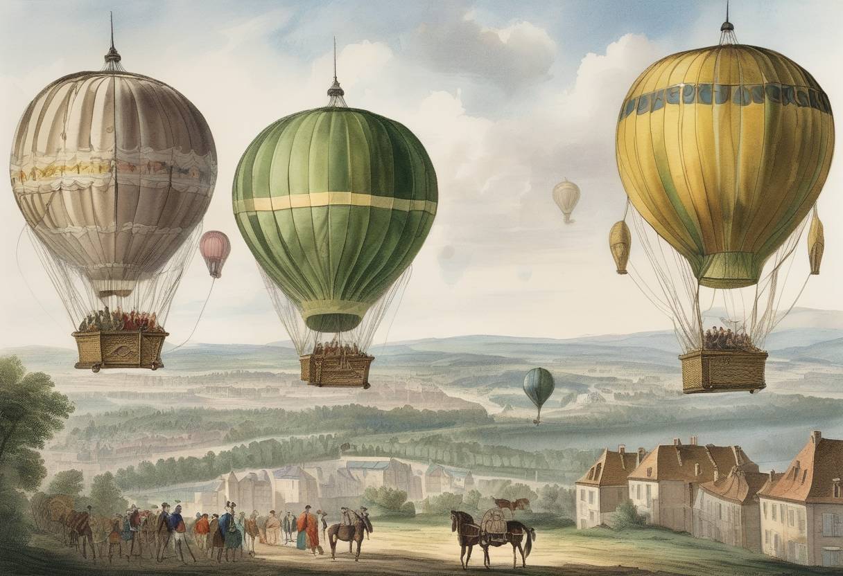 Watercolor painting based depiction of The Montgolfier brothers publicly demonstrate their hot air balloon in Annonay, France, marking a significant milestone in aviation history. (1783)