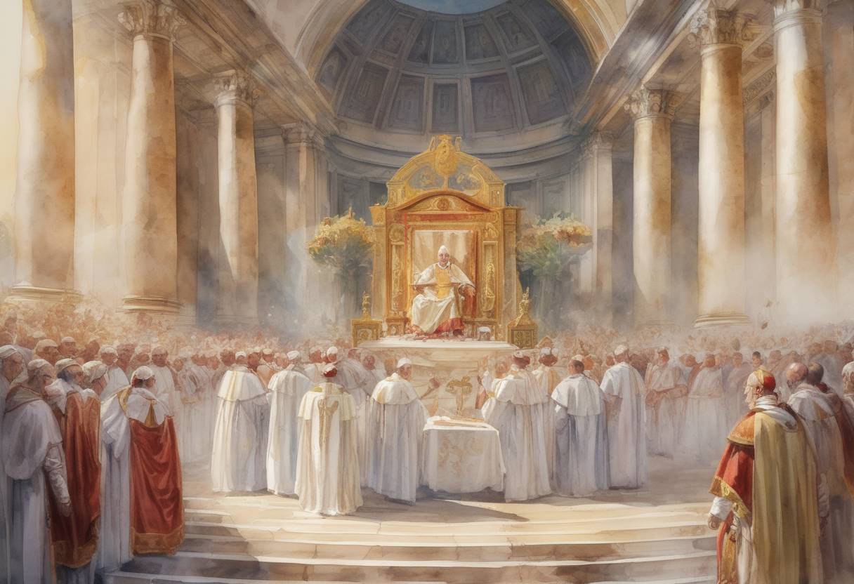 Watercolor painting based depiction of Pope Sixtus III begins his papacy. (432)