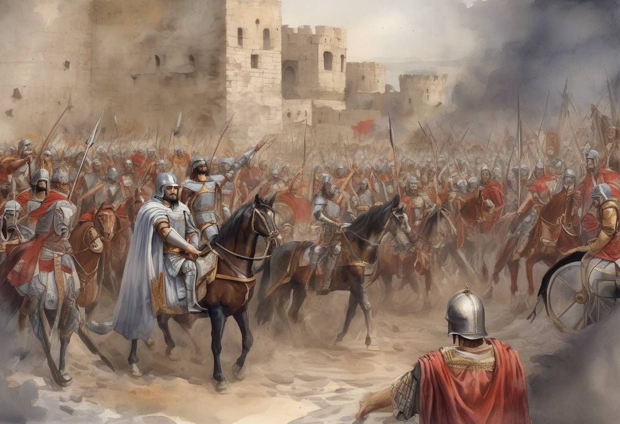 Watercolor painting based depiction of The Ostrogothic king Vitiges surrendered to the Byzantine general Belisarius, effectively ending the Siege of Rome. This event was part of the Gothic War (535–554) between the Byzantine Empire and the Ostrogothic Kingdom in Italy. (538)