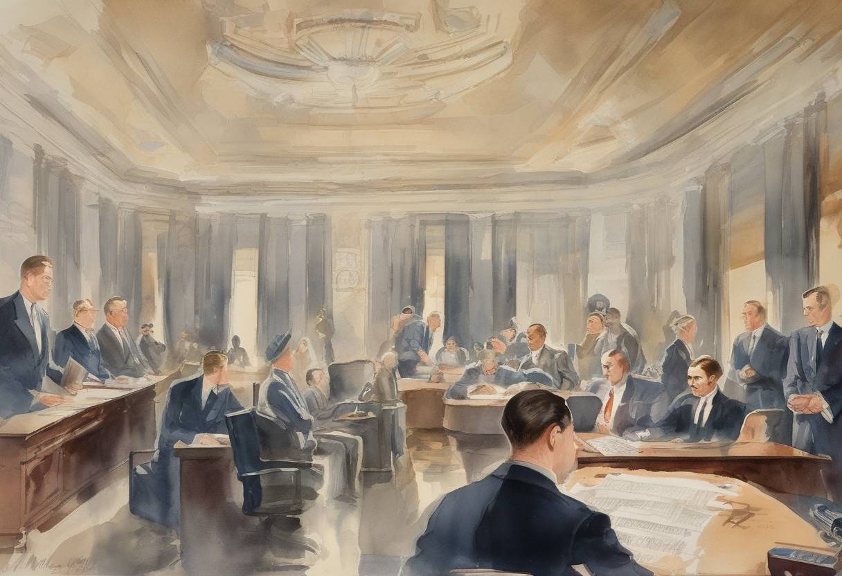 Watercolor painting based depiction of The Communications Act of 1934 is signed into law, establishing the Federal Communications Commission (FCC) to regulate interstate and international communications. (1934)