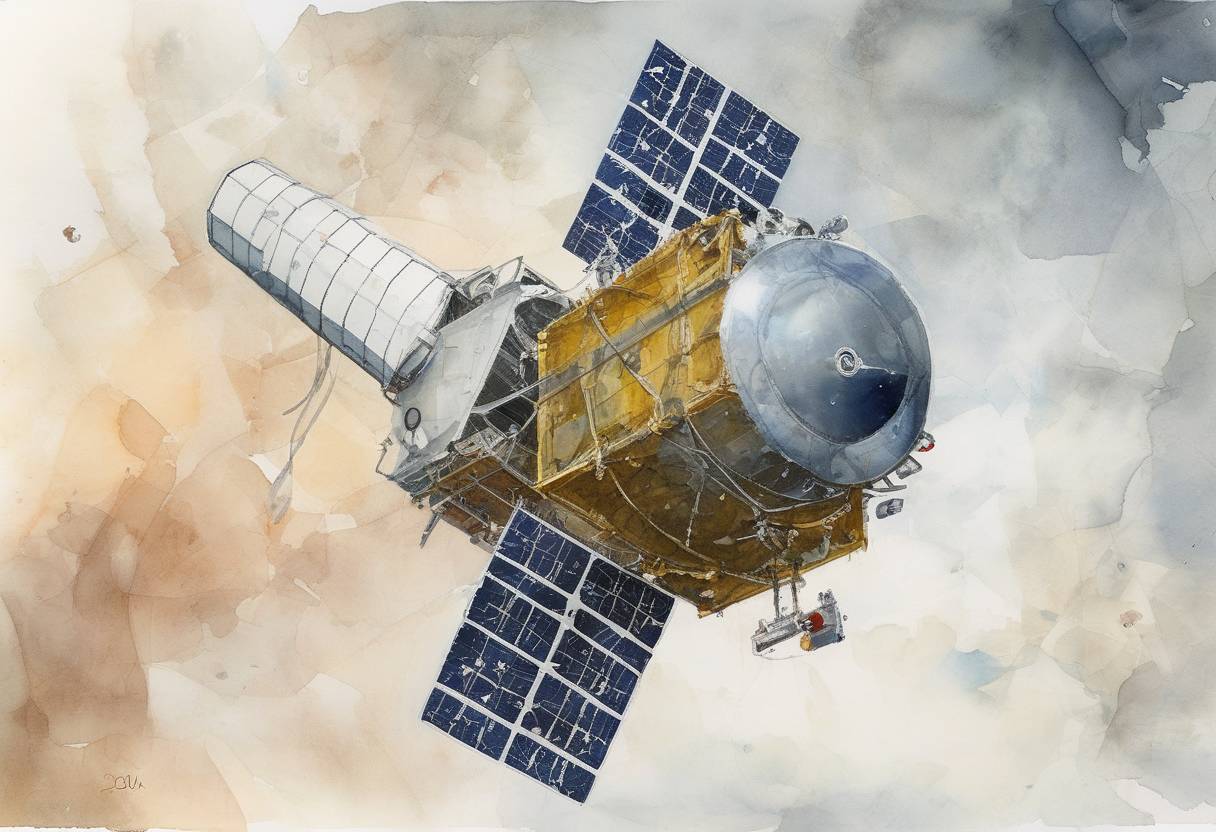 Watercolor painting based depiction of South Korea launches its first space satellite, STSAT-2C, using a Naro-1 rocket, marking a significant milestone in the country's space program. (2013)