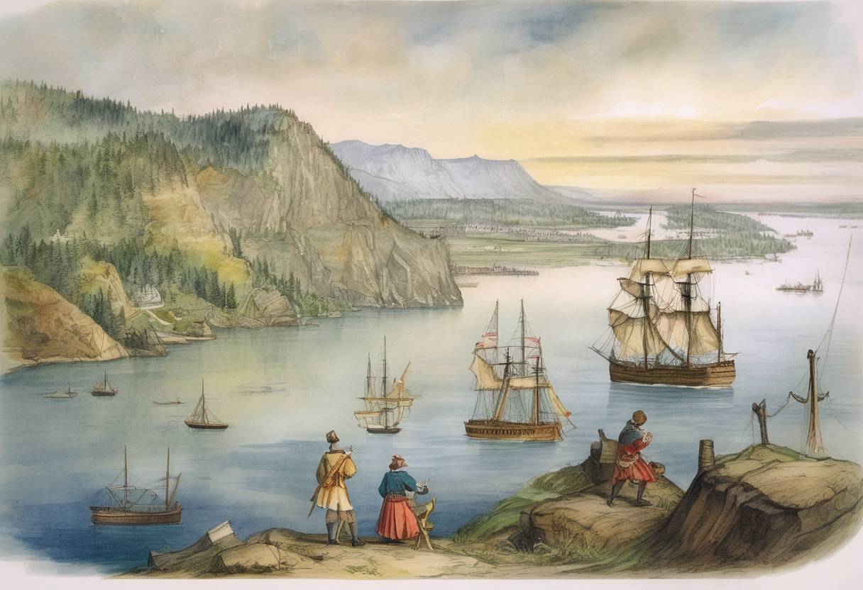 Watercolor painting based depiction of Jacques Cartier becomes the first European to describe and map the Saint Lawrence River. (1534)