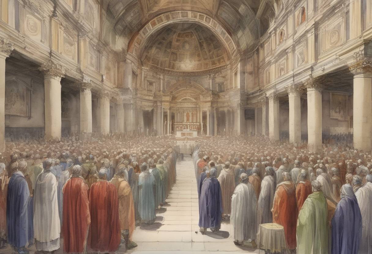 Watercolor painting based depiction of The Synodus Palmaris, a synod convened by the Gothic King Theodoric the Great, took place in Rome. This synod was significant in addressing the Acacian schism between the Eastern and Western Churches. (502)
