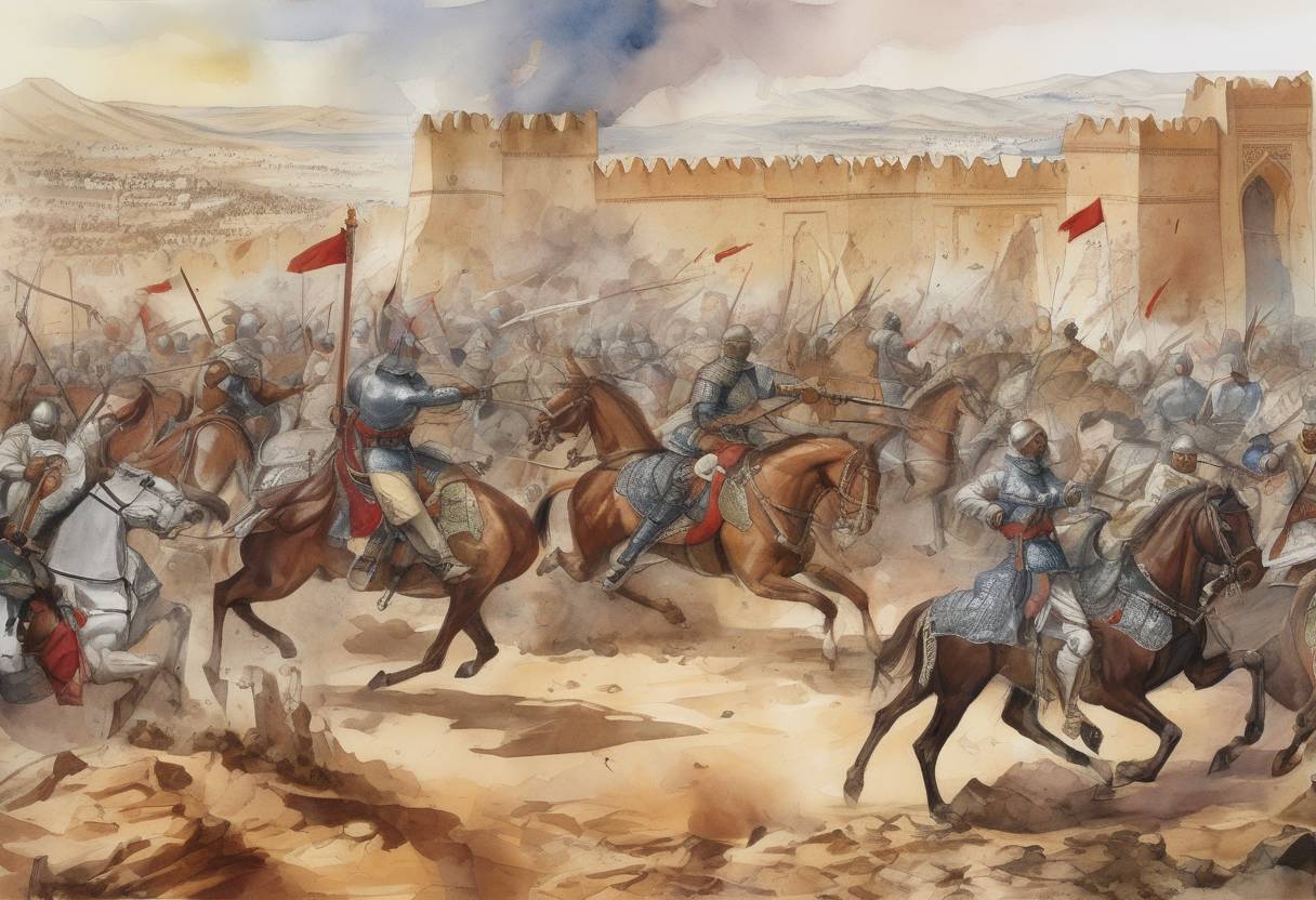Watercolor painting based depiction of The Battle of Alcácer Quibir occurs, where the Portuguese forces led by King Sebastian are defeated by the Moroccan army, leading to the death of Sebastian and a succession crisis in Portugal. (1578)