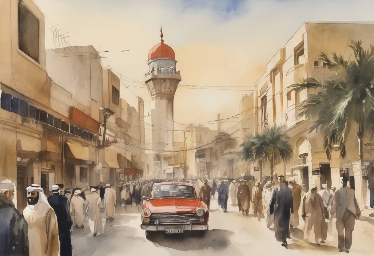 Watercolor painting based depiction of Bahrain declared its independence from the United Kingdom. (1971)