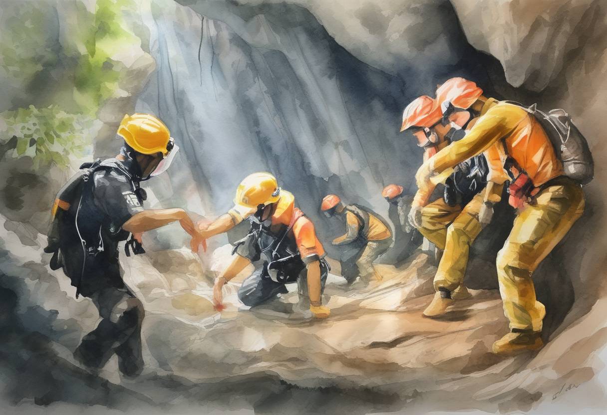 Watercolor painting based depiction of The Thai cave rescue operation continued as divers worked to save a youth soccer team and their coach trapped in the Tham Luang cave complex, drawing international attention and assistance. (2018)