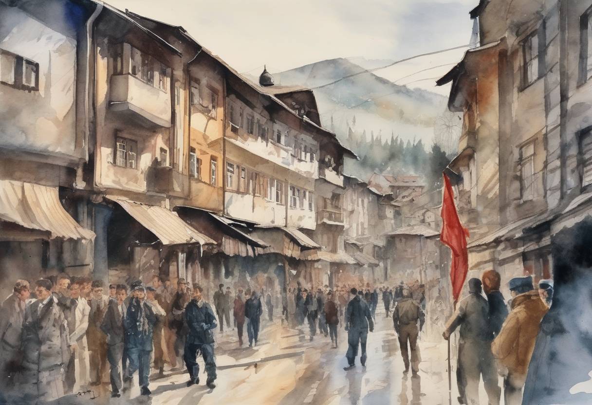 Watercolor painting based depiction of Bosnia and Herzegovina declared independence from Yugoslavia, leading to the Bosnian War, a conflict marked by ethnic violence and genocide. (1992)