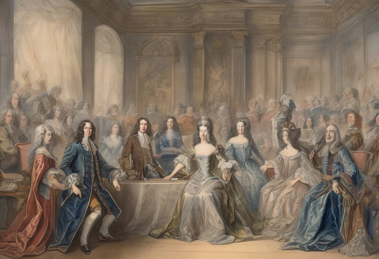 Watercolor painting based depiction of William and Mary were proclaimed co-rulers of England, Scotland, and Ireland, marking the beginning of the Glorious Revolution. (1689)