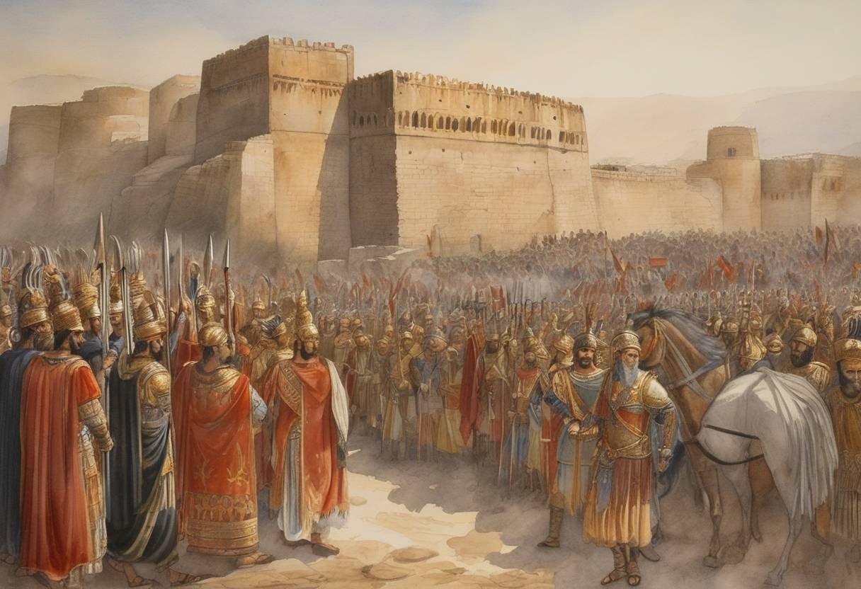 Watercolor painting based depiction of The Roman Emperor Julian the Apostate dies during his campaign against the Sassanid Empire; Jovian is proclaimed as his successor. (363)