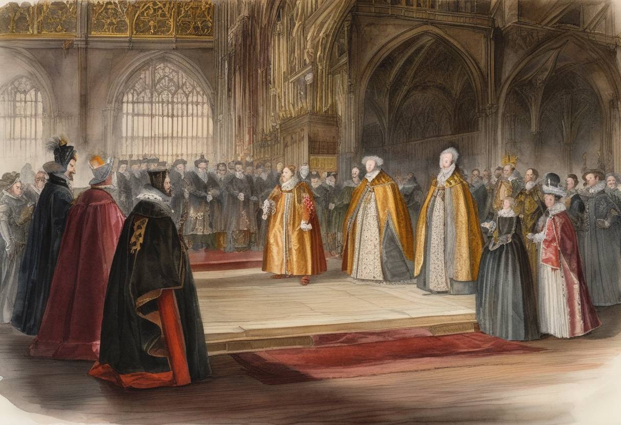 Watercolor painting based depiction of British Parliament confers the title 'Supreme Governor of the Church of England' on Elizabeth I. (1588)