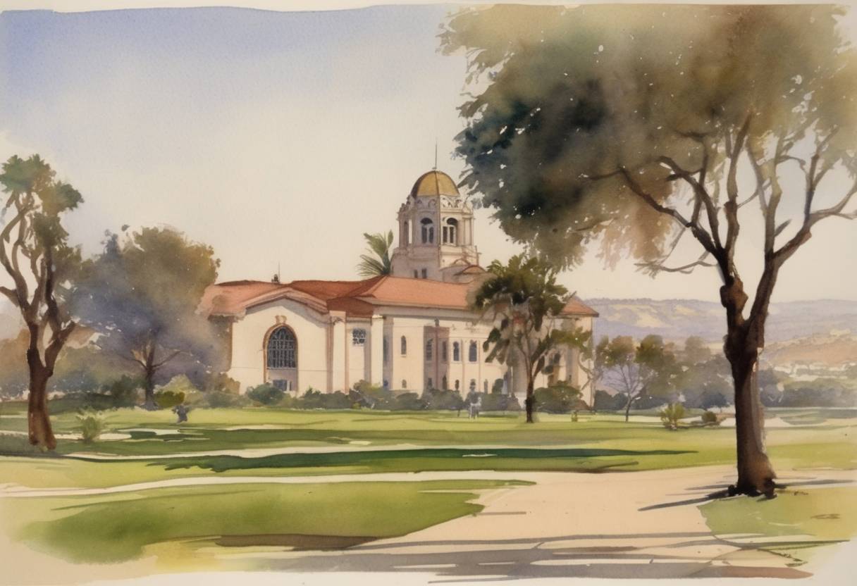 Watercolor painting based depiction of San Diego State University was founded as San Diego Normal School, a teacher's college. (1897)