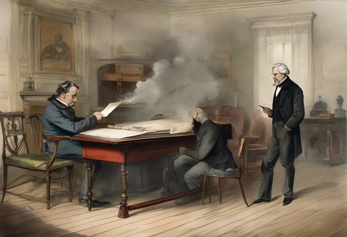 Watercolor painting based depiction of The first electric telegram is sent by Samuel Morse from Washington, D.C., which is a critical advancement in communication technology. (1844)