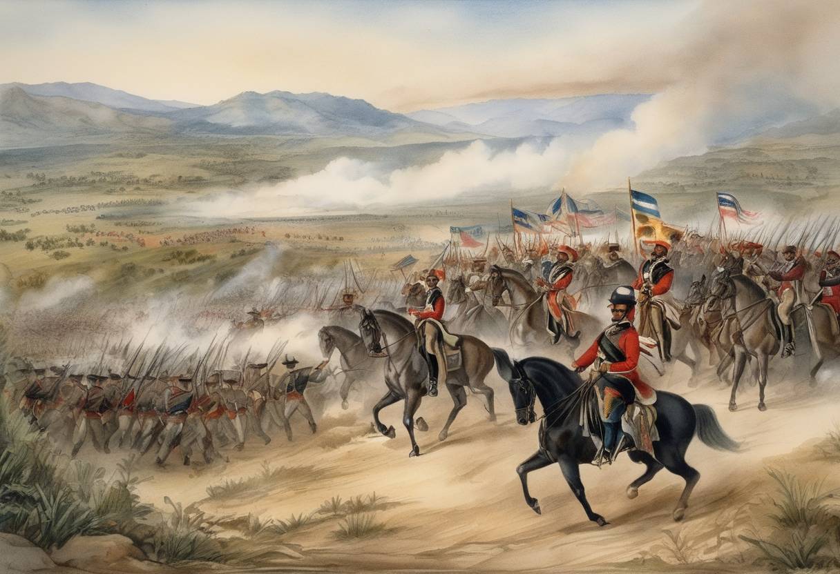 Watercolor painting based depiction of The Battle of Buena Vista occurs during the Mexican-American War, where U.S. forces under General Zachary Taylor repel the Mexican army led by General Antonio López de Santa Anna. (1847)