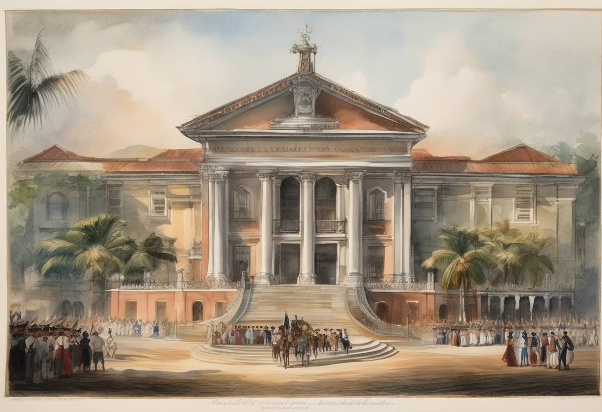 Watercolor painting based depiction of The first Congress of Panama, also known as the Amphictyonic Congress, is proposed by Simón Bolívar. This multilateral conference is intended to foster unity among the newly independent nations of Latin America. (1824)