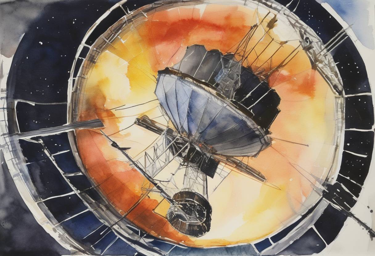 Watercolor painting based depiction of NASA conducted a test of the Telstar satellite, marking the first transatlantic television transmission. Telstar transmitted from Andover Earth Station in Maine to the Pleumeur-Bodou station in France. (1962)