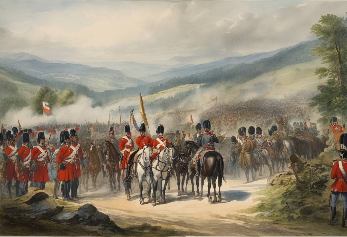 Watercolor painting based depiction of Two Austrian armies merge under Archduke Charles in Bavaria during the War of the Fifth Coalition, continuing their campaign against Napoleon's forces. (1809)