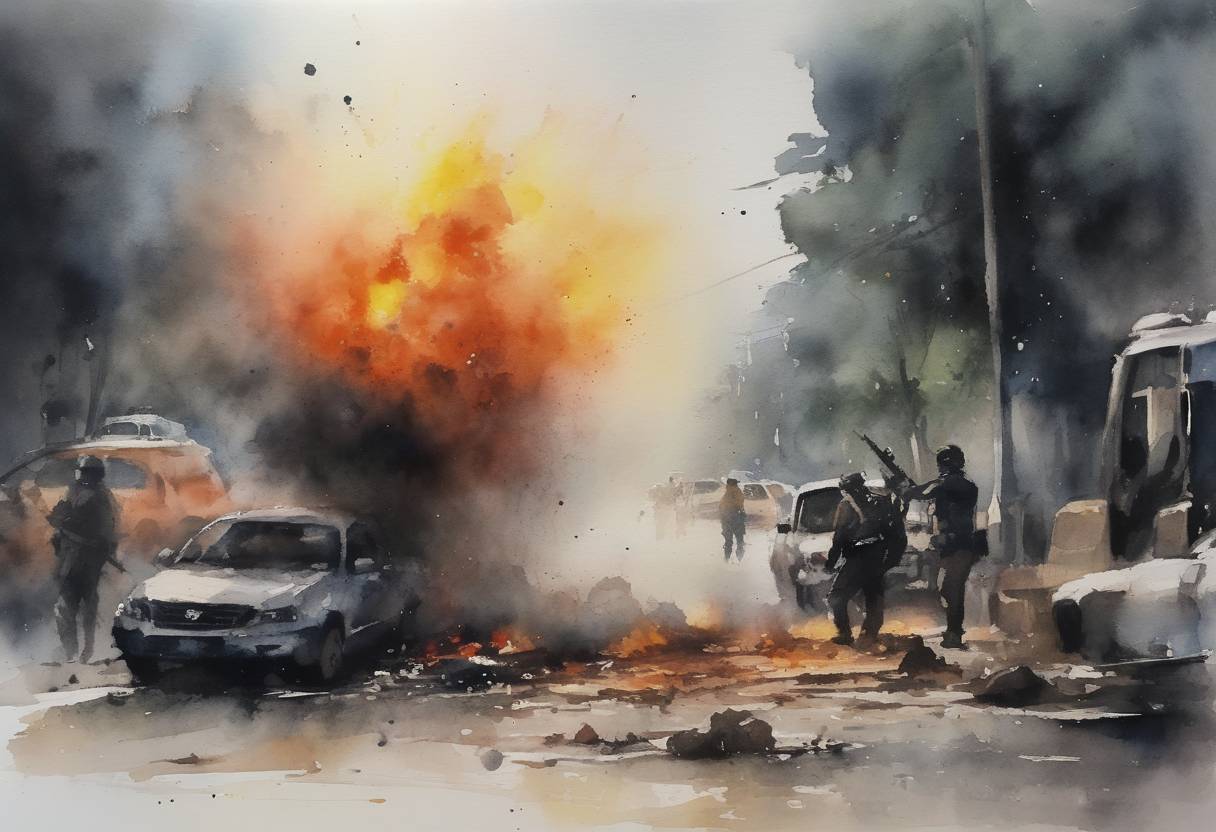 Watercolor painting based depiction of A series of explosions and gunfire in Jakarta, Indonesia, resulted in the deaths of four civilians and four attackers. The Islamic State of Iraq and the Levant (ISIL) claimed responsibility for the attacks. (2016)