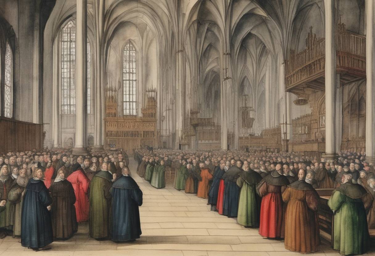 Watercolor painting based depiction of The Synod of Emden concluded, marking a pivotal moment in the establishment of the Reformed Church in the Netherlands. (1571)