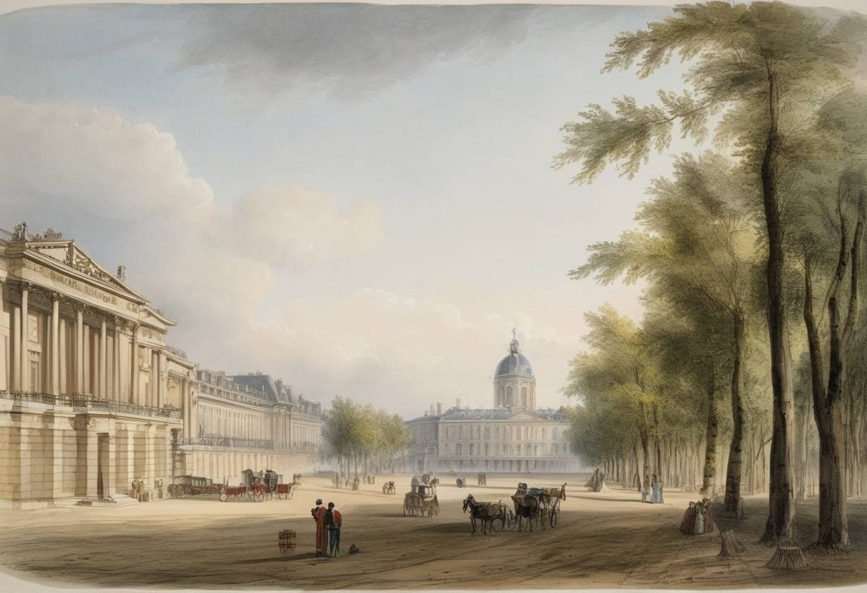 Watercolor painting based depiction of The Institute of France is founded in Paris, consolidating the Académie Française and four other learned societies. (1802)