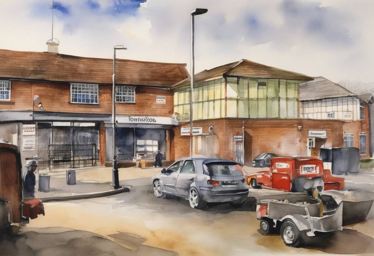 Watercolor painting based depiction of The largest cash robbery in British history occurred at the Securitas depot in Kent, where armed men stole £53 million. (2006)