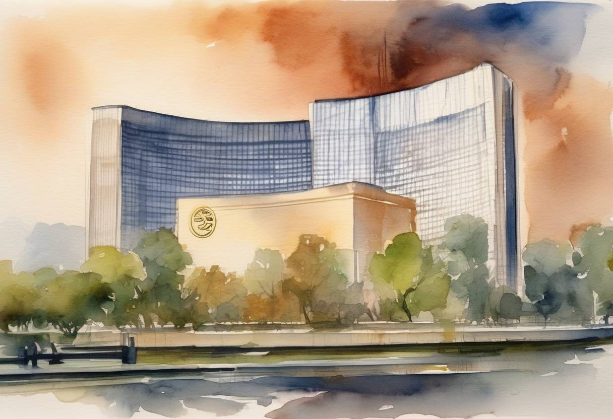 Watercolor painting based depiction of The European Central Bank (ECB) held a monetary policy meeting where it continued to fight against inflation by considering tightening its policy measures. (2022)