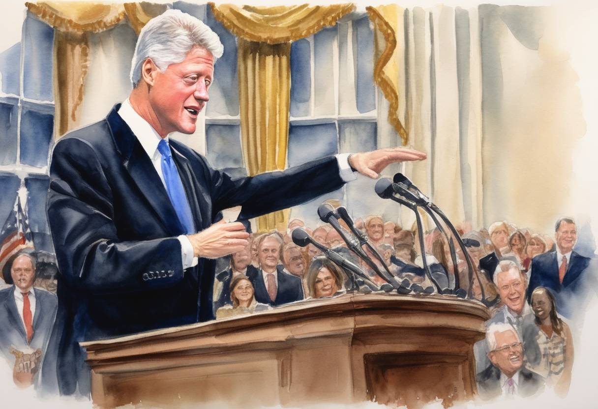 Watercolor painting based depiction of Bill Clinton is inaugurated as the 42nd President of the United States. (1993)