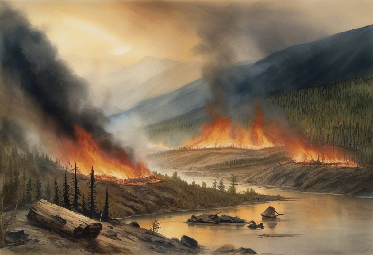 Watercolor painting based depiction of The Great Fire of 1891 occurs in Mysterious Valley (Vallée-Mystérieuse), Yukon Territory, Canada, devastating the indigenous communities. The blaze was caused by dry weather and faulty fire management. (1891)