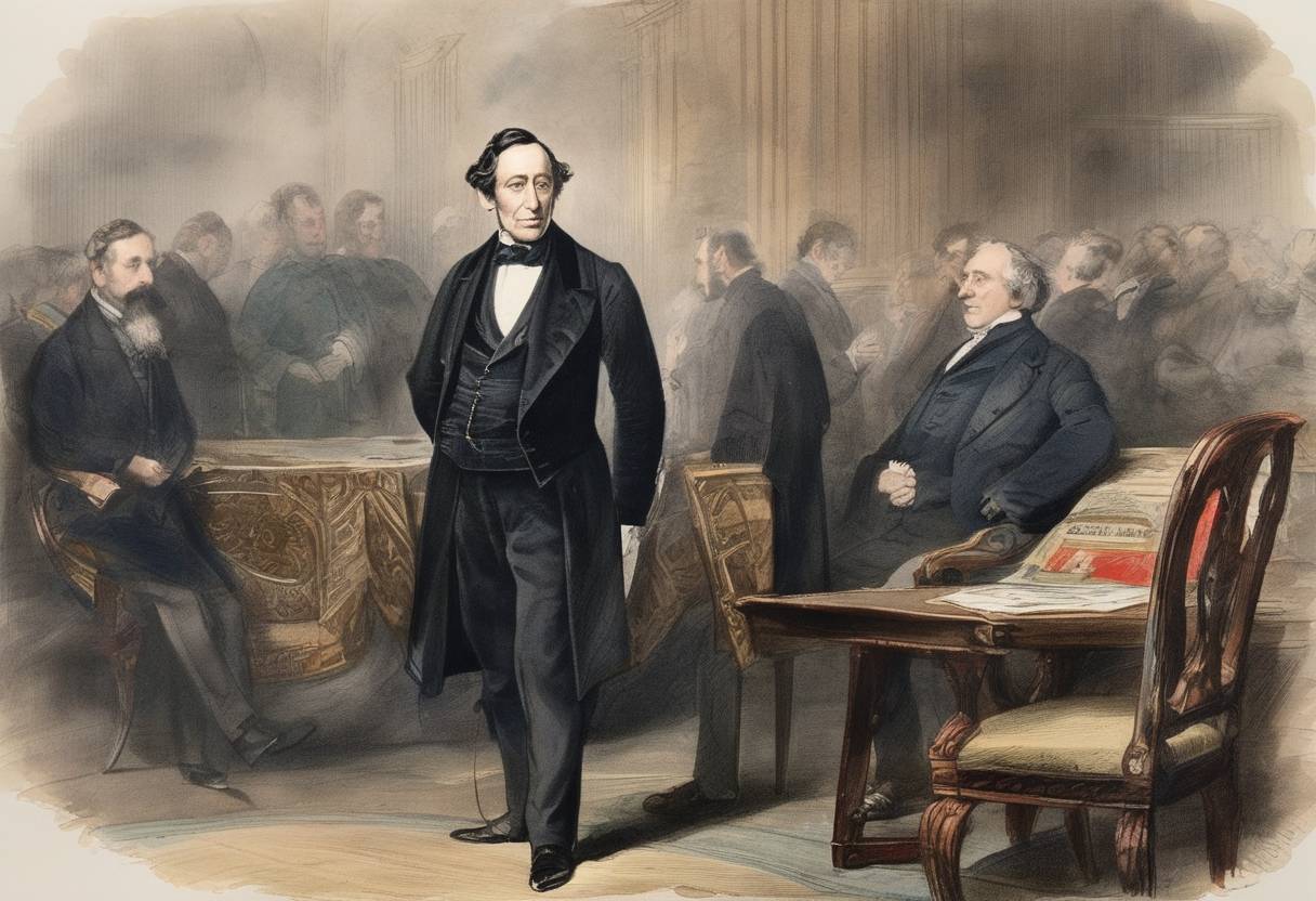 Watercolor painting based depiction of The British Prime Minister, Benjamin Disraeli, becomes Chancellor of the Exchequer. (1868)