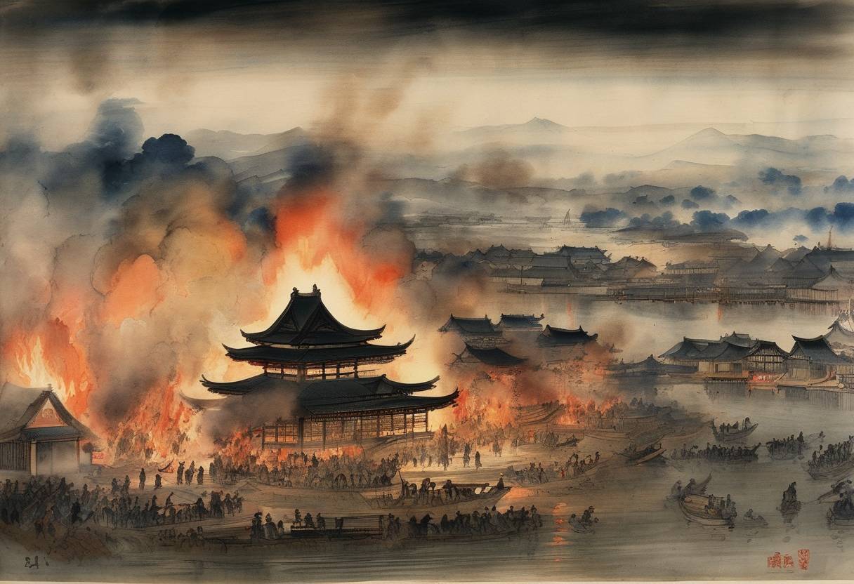Watercolor painting based depiction of The Great Fire of Meireki begins in Edo (modern-day Tokyo), Japan, which lasts for three days and destroys a large portion of the city. (1657)