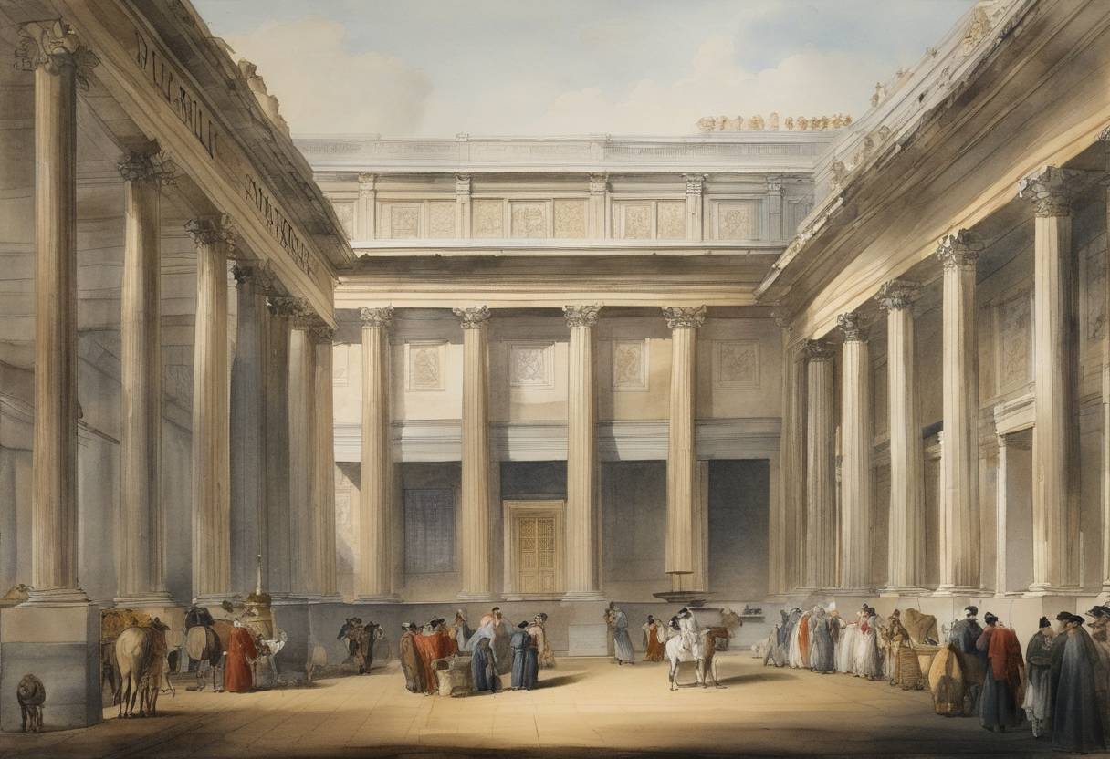 Watercolor painting based depiction of The British Museum was established by an Act of Parliament. (1753)