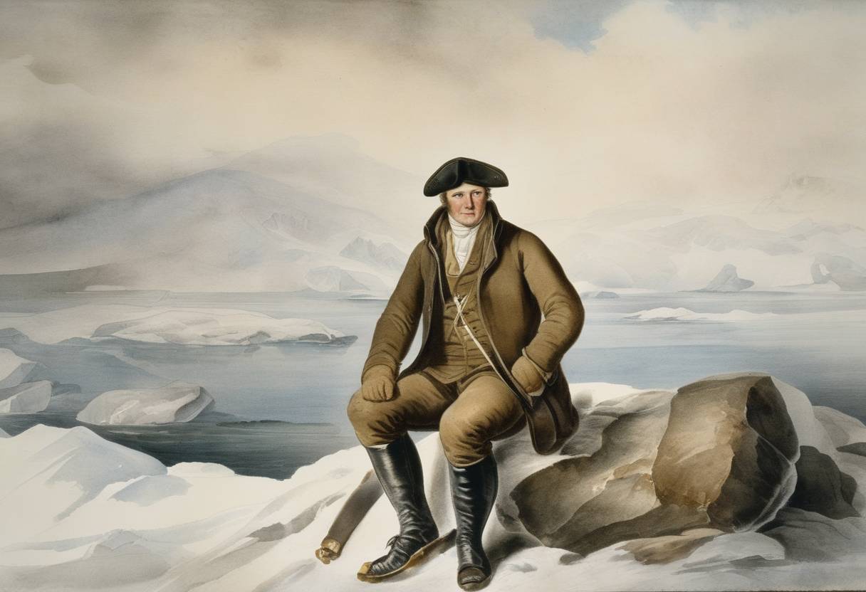 Watercolor painting based depiction of Captain Nathaniel Palmer, an American seal hunter, sighted the continent of Antarctica. (1820)