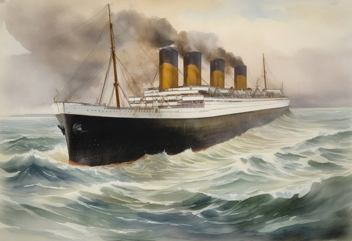 Watercolor painting based depiction of The French liner SS Afrique sinks off the coast of Soulac-sur-Mer in France, leading to numerous fatalities. (1902)